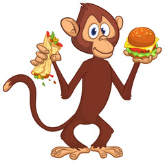 Cartoon funny monkey chimpanzee holding falafel or kebab and hamburger in his hands. Vector illustration of happy monkey character design isolated.
