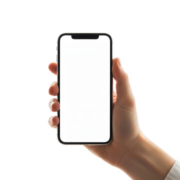 A hand holding a blank white iphone isolated on transparent background
