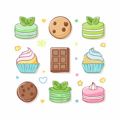 Pastel hand-drawn chocolate mint icon set suitable for February flavor themes