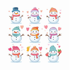 Cute pastel snowman icon set icons simple round snowmen tiny hat scarf heart doodle carrot nose mittens soft pastel outline