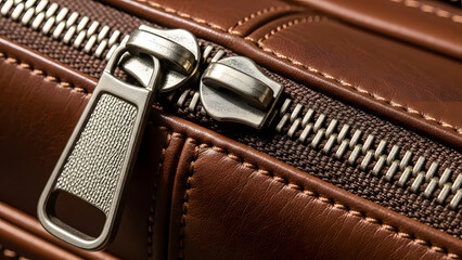 Close-up of a metallic zipper with two pullers on a brown leather bag, showcasing detailed stitching.