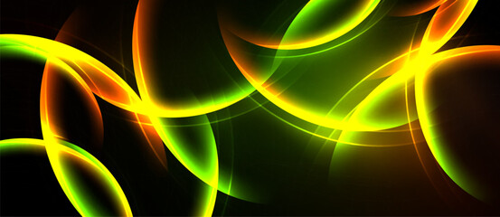 Abstract vibrant light streaks, flowing curves, dark background. Energetic composition, modern design, glowing elements.