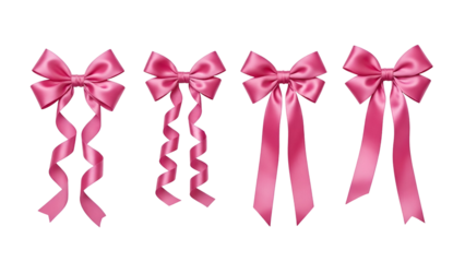 Beautiful pink satin ribbon bows set on white background