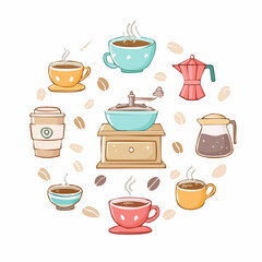 Pastel hand-drawn icon set of coffee items icons including tiny bean doodles coffee cup steam swirl moka pot scoop soft outline white background kawaii