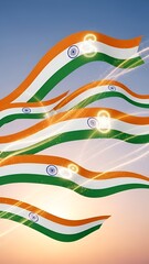 Waving Indian Flags with Glowing Emblems Against a Bright Sky.