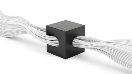 Black cube organizing white cables on a clean white background.