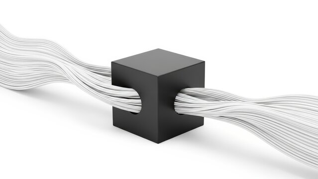 Black cube organizing white cables on a clean white background. - Powered by Adobe