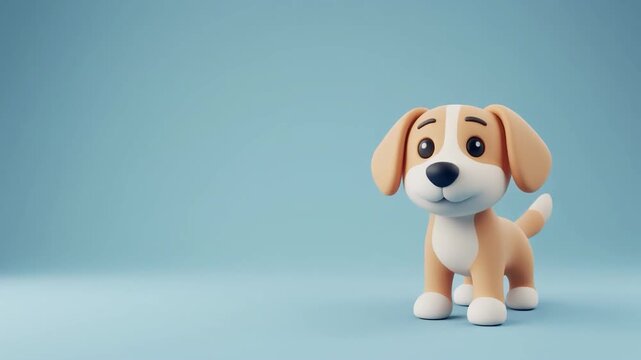 A 3D cartoon dog, specifically an animated beagle puppy, sitting on a blue background with a cheerful expression, showcasing its adorable facial features and floppy ears in a close-up view