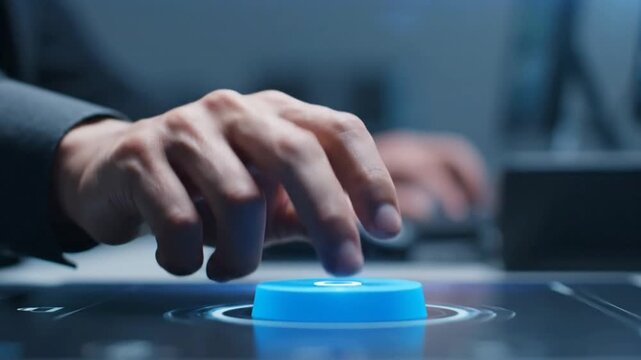Closeup of a hand pressing a glowing blue button on a futuristic touchscreen interface