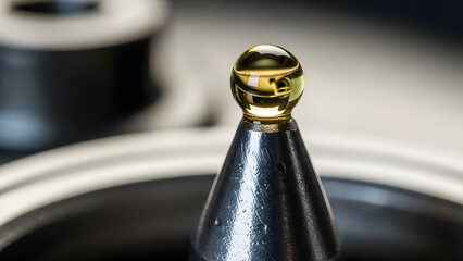 A spherical golden liquid droplet precisely balanced on a sharp metallic conical tip in a scientific setting.