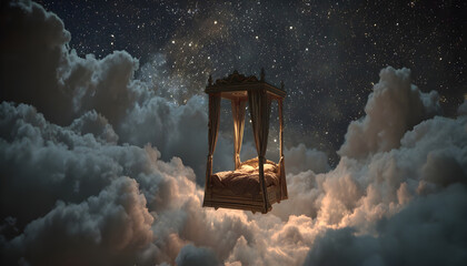 Dreamy Floating Bed in a Cosmic Sky - This surreal video features an ornate, four-poster bed suspended among fluffy clouds set against a starry night sky