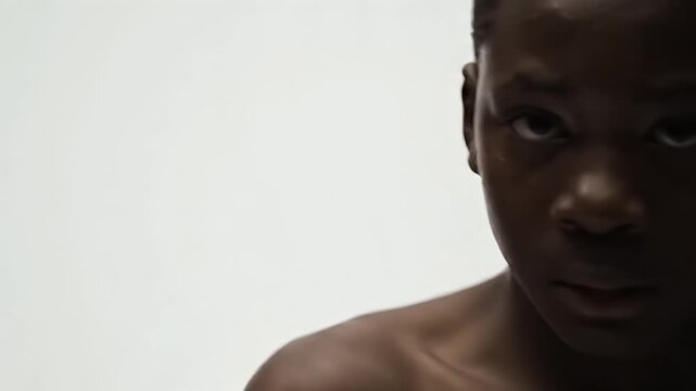 Focused Young African Boy Preparing Mentally or Physically on an Isolated White Background