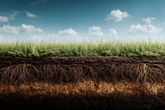 Cross-section view of fertile soil layers with green wheat grass growing on top showing visible root systems and rich brown texture.