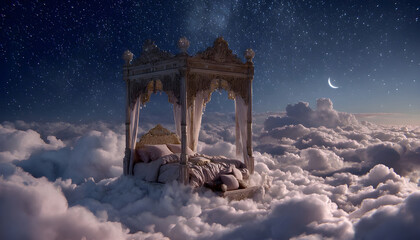 Fototapeta premium Dreamy Floating Bed in a Cosmic Sky - This surreal video features an ornate, four-poster bed suspended among fluffy clouds set against a starry night sky