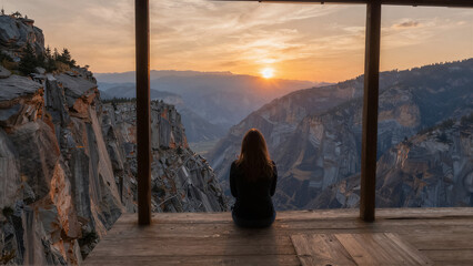 Woman Sitting on Wooden Platform Overlooking Dramatic Mountain Canyon at Sunset, Peaceful Travel and Reflection Concept
