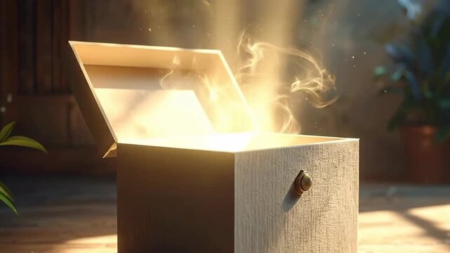 Mysterious wooden box emitting bright light, creating a sense of wonder and anticipation.