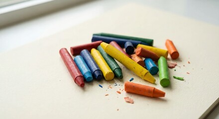Variety of Colorful Crayons Lying on Blank Paper Surface
