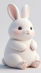 Obraz premium Cute white bunny sitting, big eyes, soft pink ears and paws, adorable cartoon style.