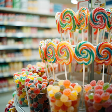 Colorful candy display candy store food photography bright environment close-up view sweet treats for all ages

