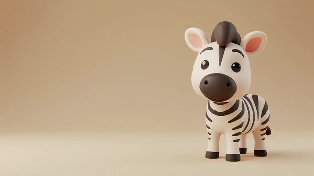A 3D cartoon zebra toy with a friendly expression standing on a beige surface against a matching beige background.