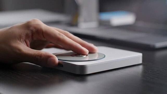Inserting and Removing a CD into an External Portable Optical Drive on a Dark Desk