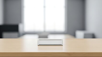 Empty Name Plate on Wooden Desk in Modern Office Setting.