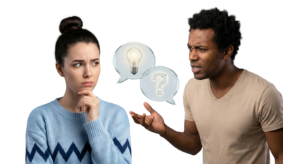 Couple discussing ideas, confused woman, man explaining, lightbulb and question mark icons
