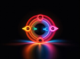 This image shows a colorful, neon-lit circular design with glowing elements. The design's illumination is vibrant, casting a reflection below. The artwork embodies bright, geometric shapes on a dark b