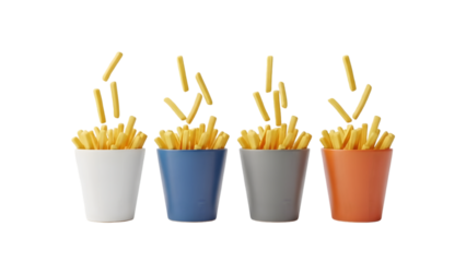 Four colorful cups of french fries isolated on transparent background