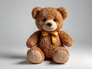 Obraz premium Brown teddy bear sitting with yellow bow tie on white background