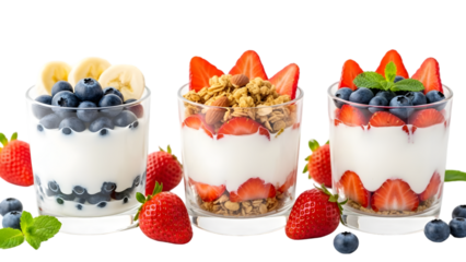 Three glasses of yogurt parfait isolated on transparent background