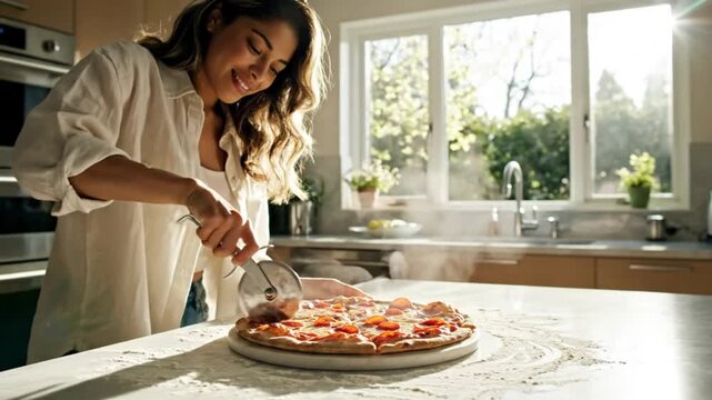 Woman smiling while cutting hot pepperoni pizza with wheel cutter in home kitchen preparing dinner