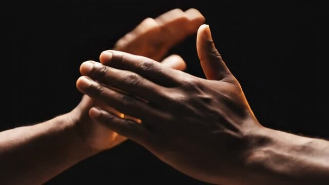 Close up shot of two hands clapping against a dark background, rhythmic movement and percussive sound