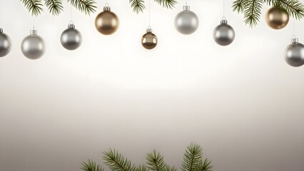 Elegant Christmas ornaments hanging from pine branches against a minimalist white background with refined decorations