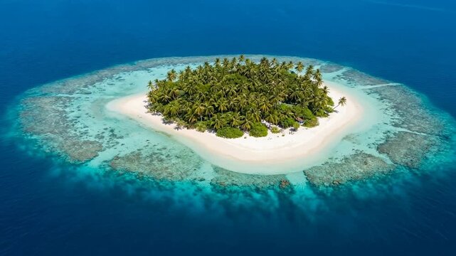 An aerial view reveals a tropical island paradise, fringed by crystal-clear turquoise waters and a vibrant coral reef. The lush.