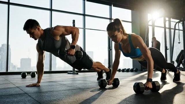 Focused couple performing dumbbell push-ups and rows during a gym workout to build strength and endurance