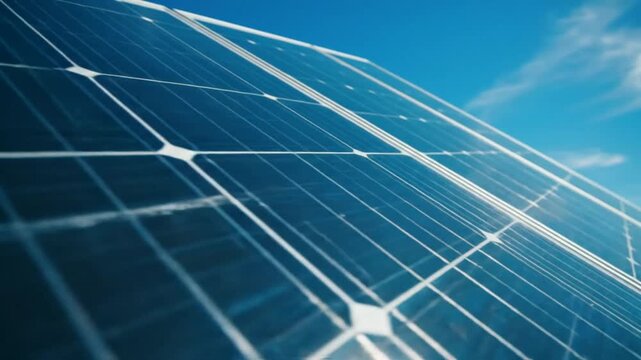 Close-up view of a solar panel array generating clean and renewable energy against a clear blue sky