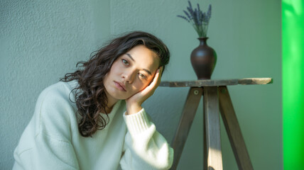 Fototapeta premium A pensive woman with curly hair leans against a wall with a vase nearby