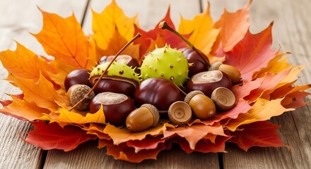 Autumnal Still Life - Chestnuts and Leaves on Wooden Surface.