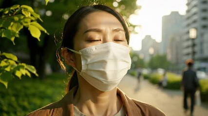 Woman wearing a mask outside on a sunny day in a city park taking a deep breath and exhaling