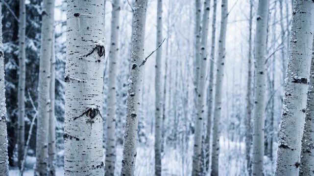A serene winter wonderland captured by rows of bare birch trees, their white bark contrasting sharply with the cold, atmospheric scenery, creating a calm and tranquil scene.