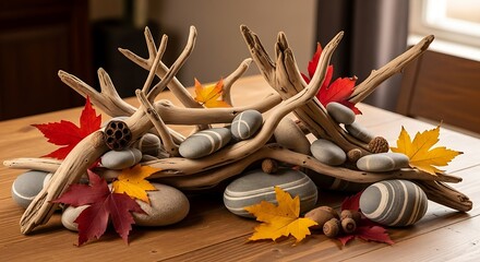 Autumnal Still Life - Driftwood, Stones, and Maple Leaves on Wooden Table.