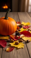 Autumnal Still Life - Pumpkin, Leaves, and Fireplace Warmth.