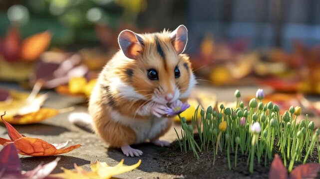 Adorable hamster holding sunflower in autumn flower field