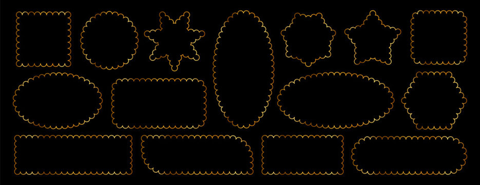 Set of thin golden scalloped frames in various geometric shapes, including rectangles, ovals, circles, and stars