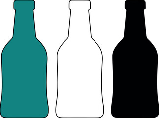 Beverage beer bottle silhouette vector icons in teal, line art, and black, ideal for drink menu design, bar branding, and brewery marketing graphics.
