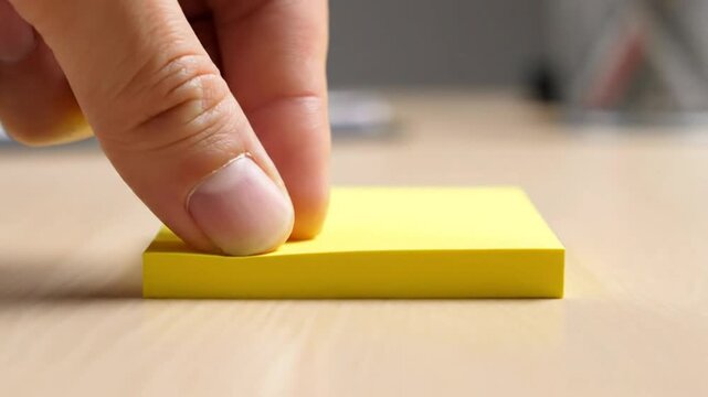 Hand pressing down on a stack of yellow sticky notes placed on a light wooden surface