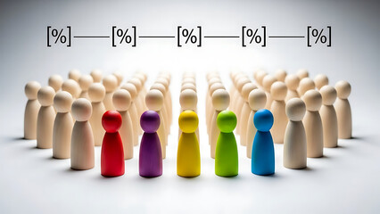 A population of wooden figures with diverse colorful individuals representing percentages or segments