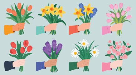 Hands Holding Spring Flower Bouquets, Colorful Floral Arrangements With Tulips, Daisies, Roses and Fresh Seasonal Blooms Illustration.