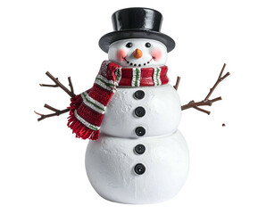 Charming snowman with top hat, scarf, carrot nose, button eyes
